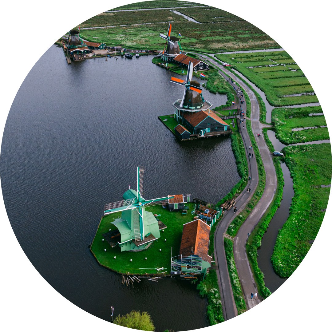 Overhead shot of the Shermer windmills, dotted along the water’s edge.
